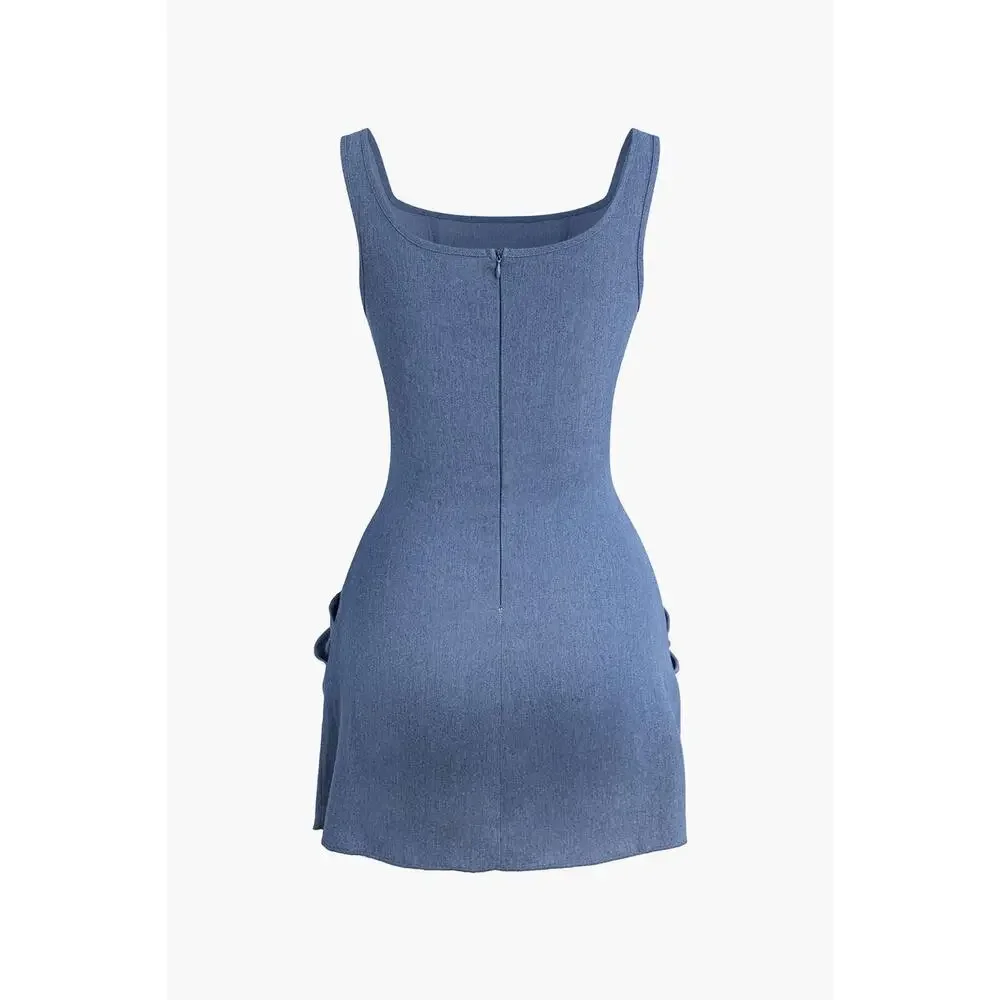 Micas 3D Flower Ruched Girly Tank Mid Wash Mini Denim Dress XL - Picture 5 of 6